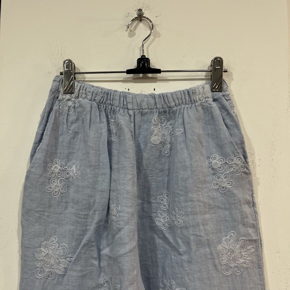 NWOT  Terzo Millennio Light Blue Wide Leg Linen Pants Embroidered Flowers Small - Picture 2 of 7